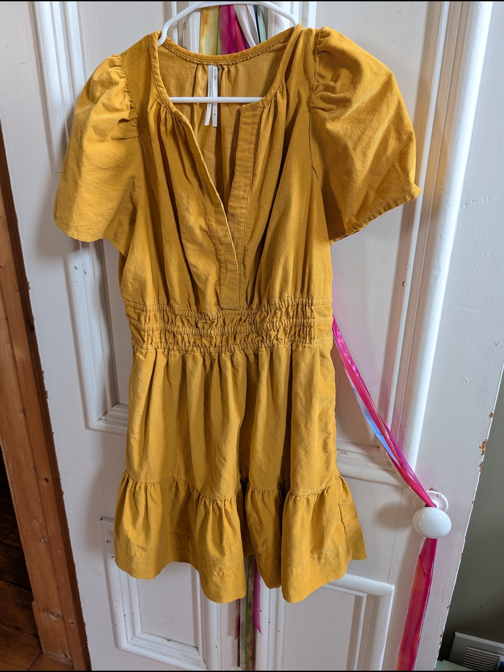 Anthropologie Mustard Yellow Puff Sleeve Smocked-Waist Dress